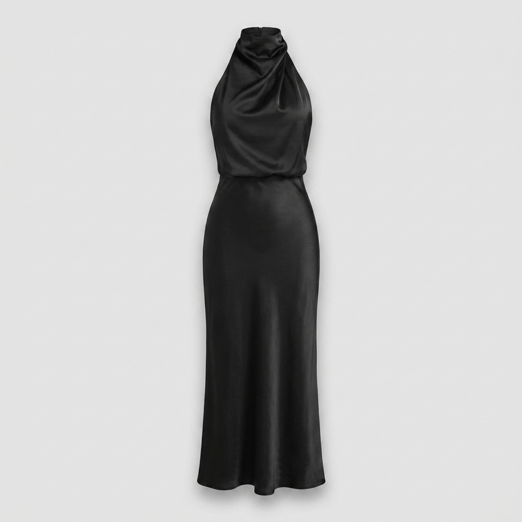 Radiant Draped Midi Dress | Elegant Halter Neck Gown Black