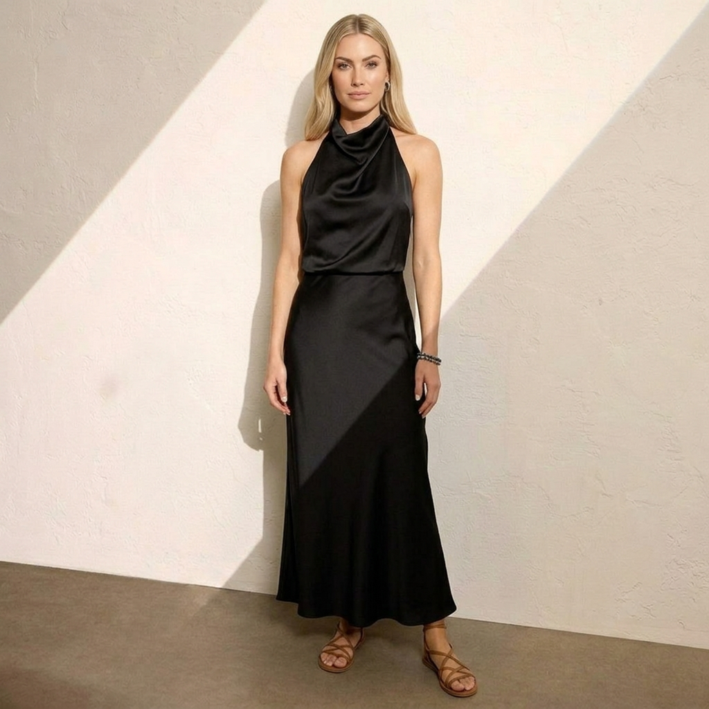 Radiant Draped Midi Dress | Elegant Halter Neck Gown Black