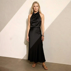 Radiant Draped Midi Dress | Elegant Halter Neck Gown Black