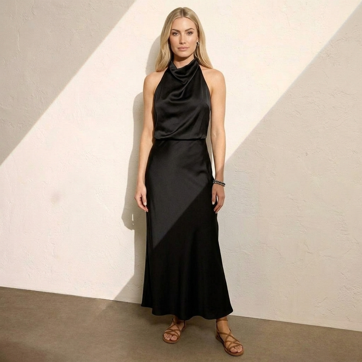 Radiant Draped Midi Dress | Elegant Halter Neck Gown Black