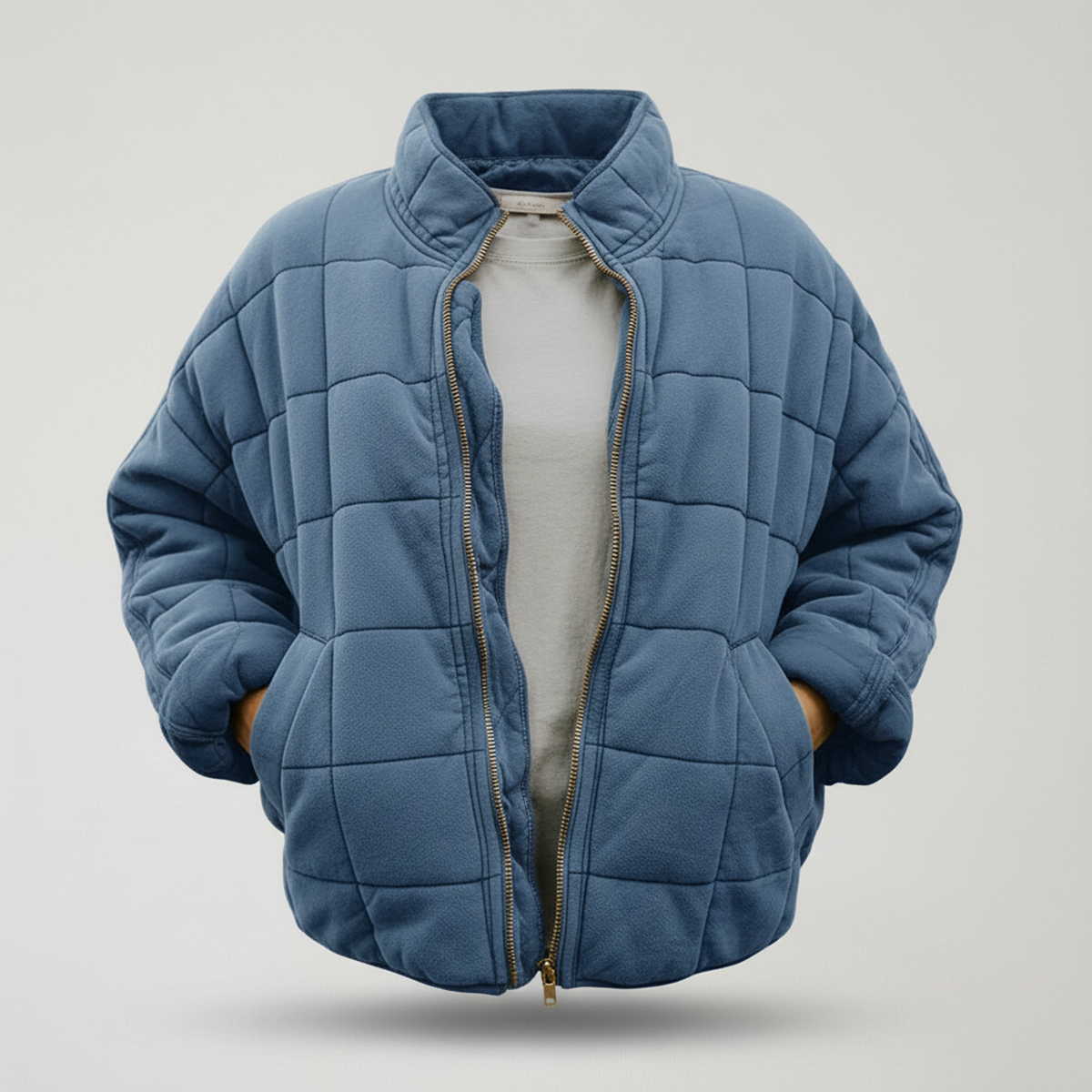 Chic Oversized Quilted Bomber Jacket Blue