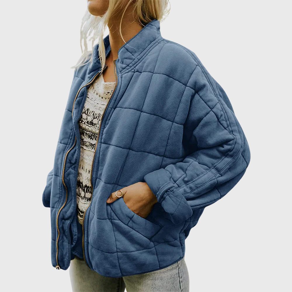 Chic Oversized Quilted Bomber Jacket Blue