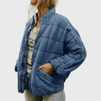 Chic Oversized Quilted Bomber Jacket Blue