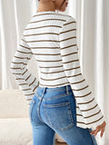 Flared Sleeve Ribbed Stripe Crop Top White/Brown