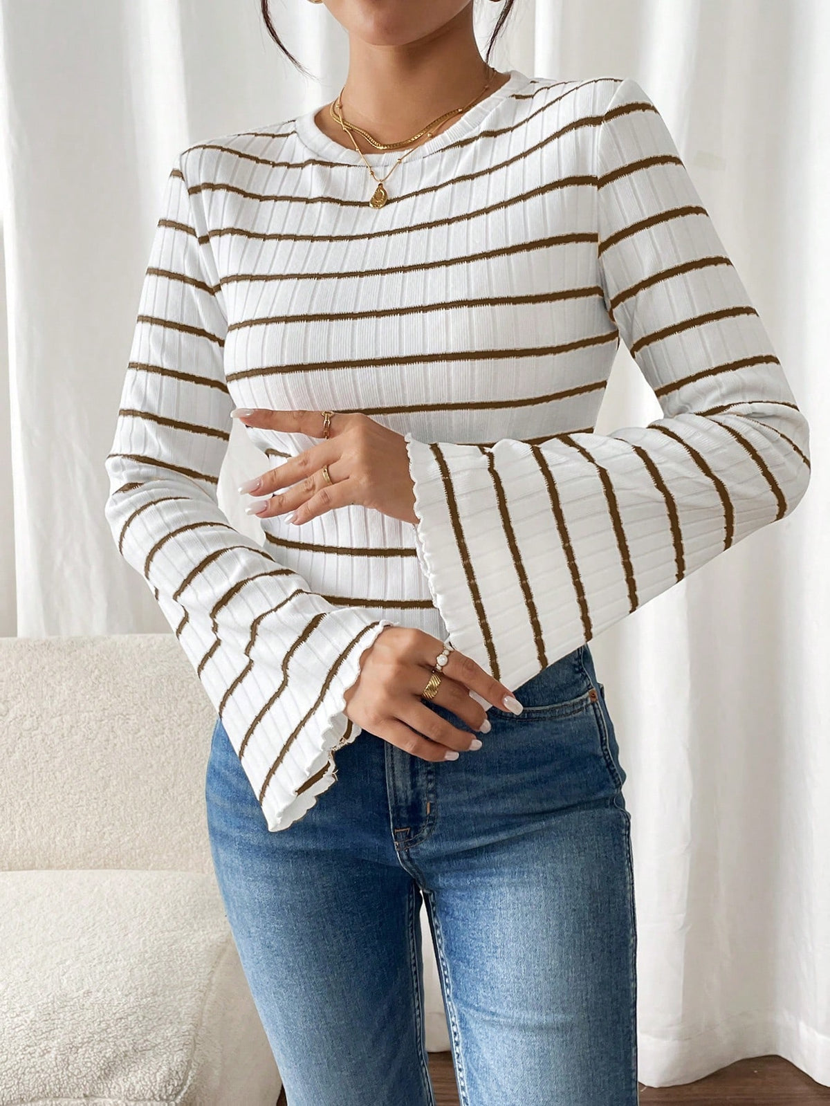 Flared Sleeve Ribbed Stripe Crop Top White/Brown