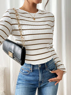 Flared Sleeve Ribbed Stripe Crop Top White/Brown