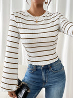 Flared Sleeve Ribbed Stripe Crop Top White/Brown