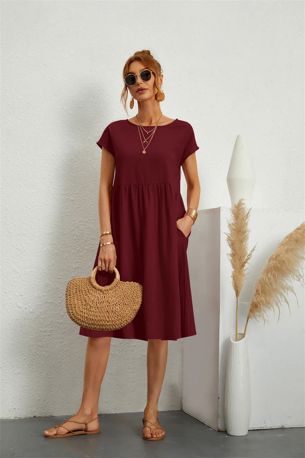 The Effortless Flow Midi Dress Burgundy
