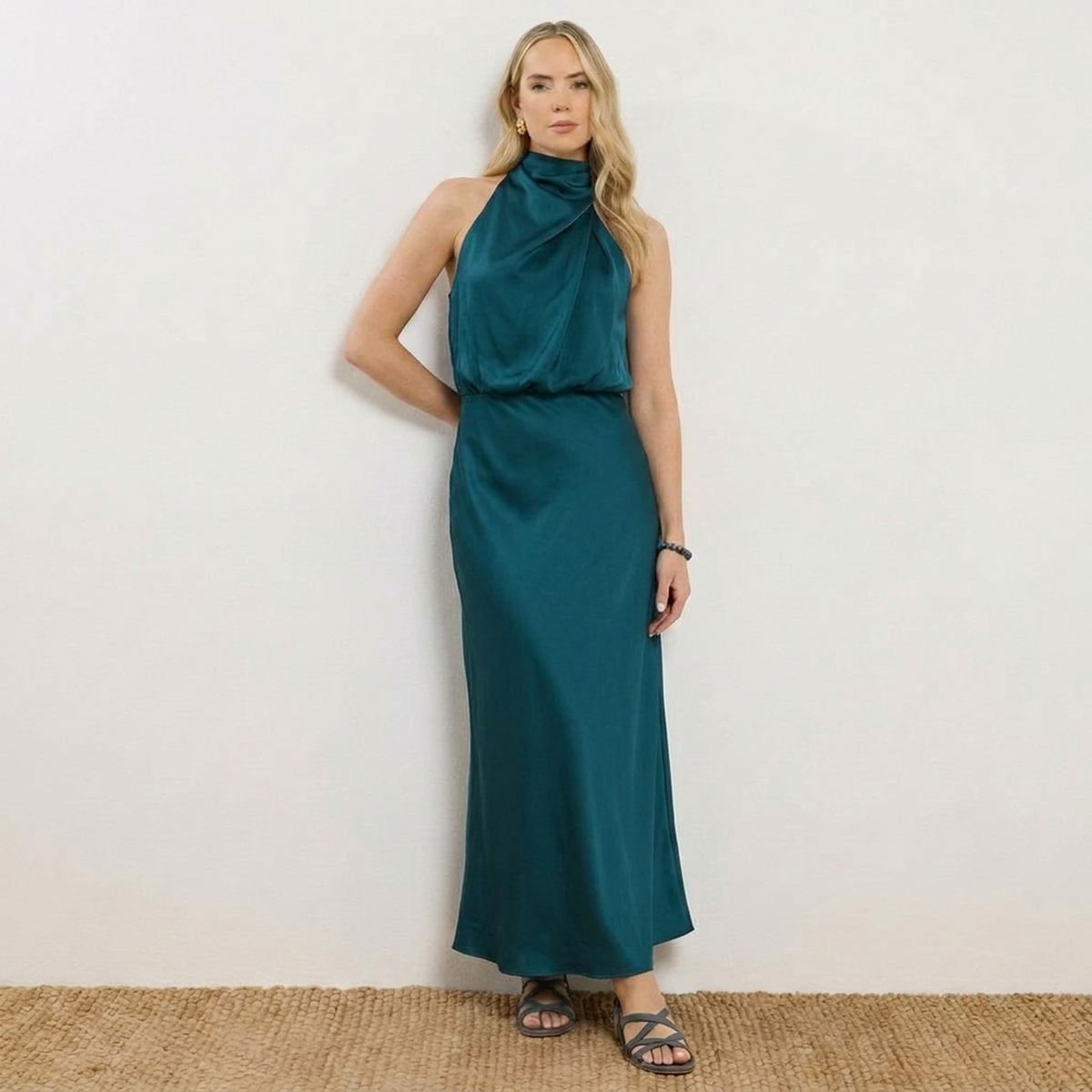 Radiant Draped Midi Dress | Elegant Halter Neck Gown Dark Teal