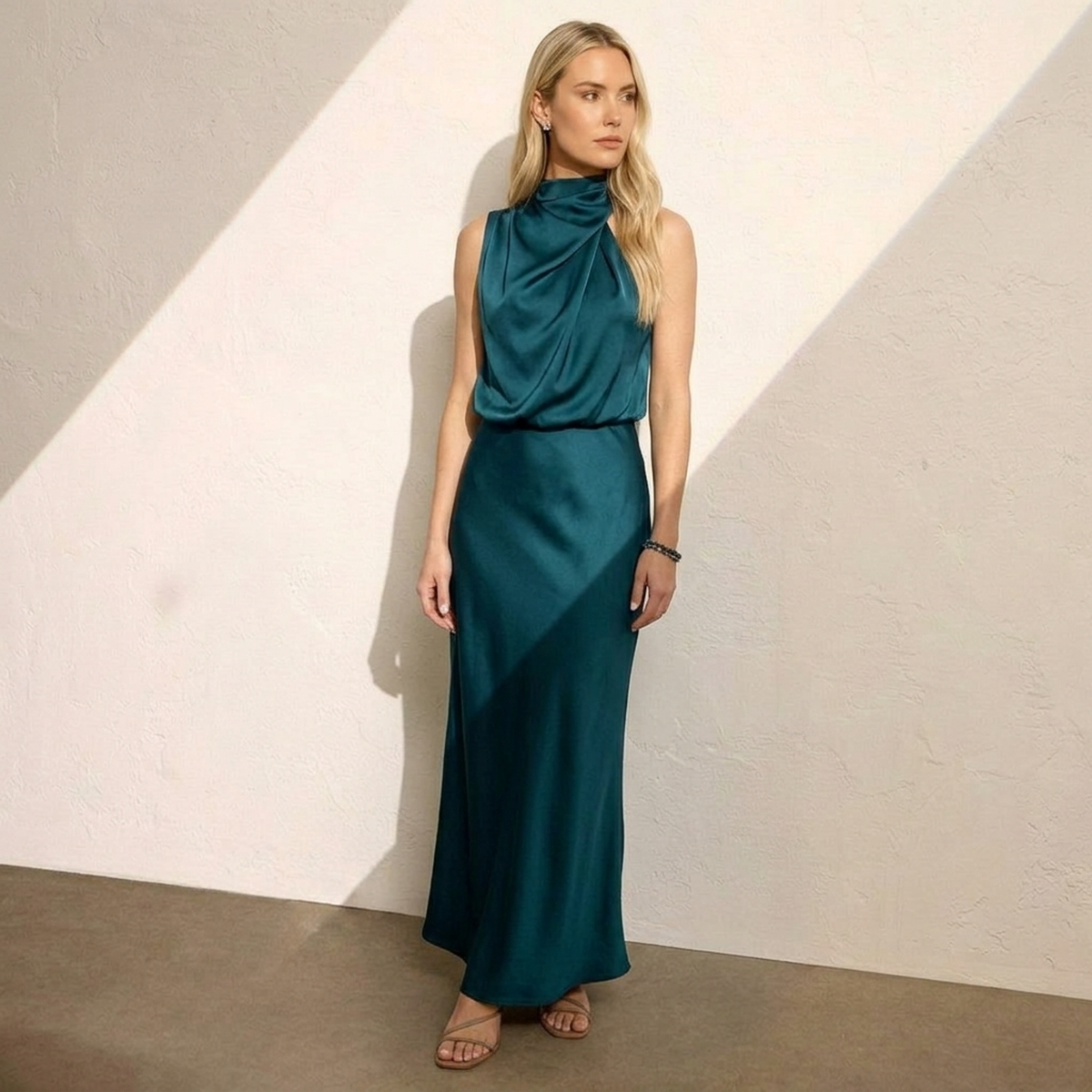Radiant Draped Midi Dress | Elegant Halter Neck Gown Dark Teal
