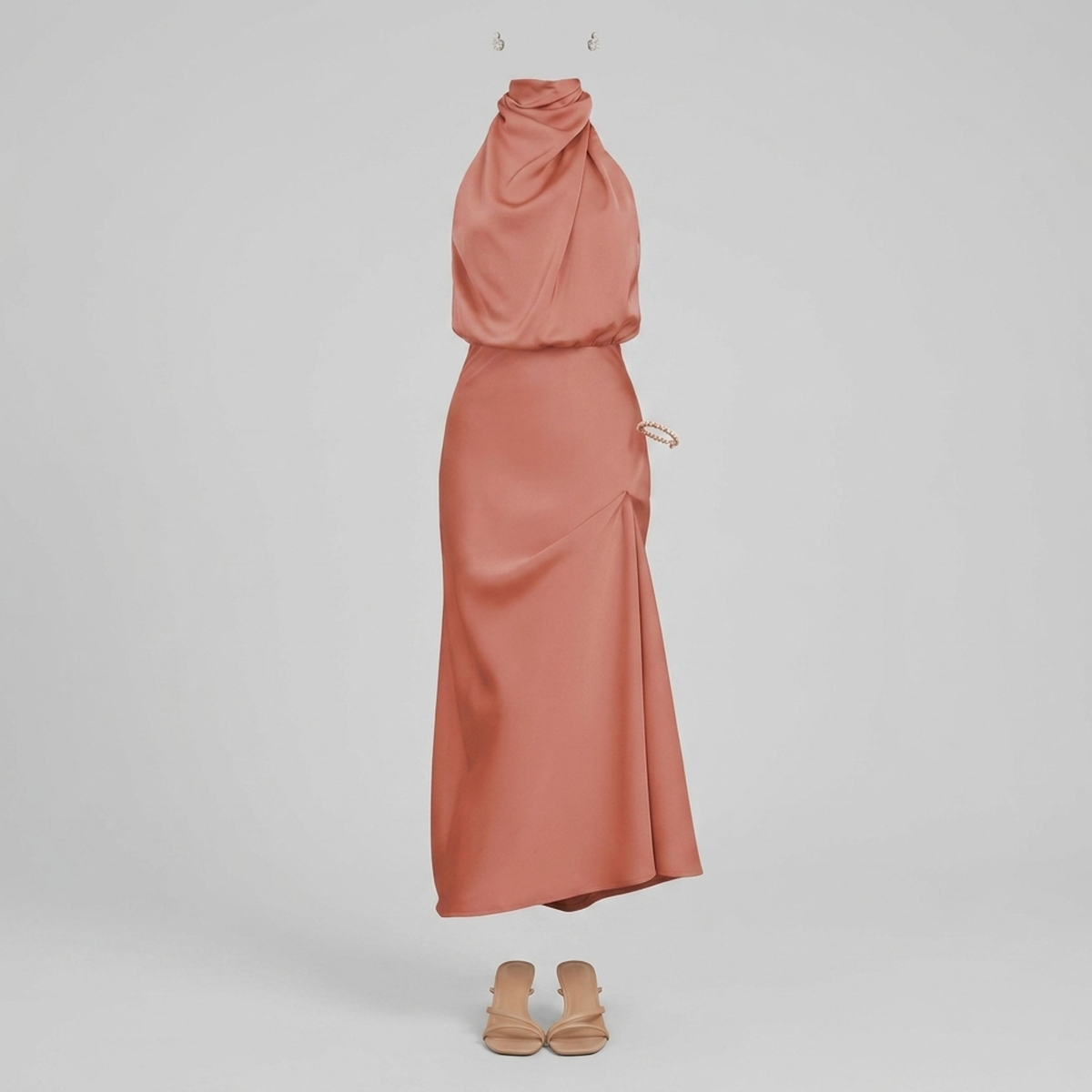 Radiant Draped Midi Dress | Elegant Halter Neck Gown Dusty Rose