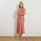 Radiant Draped Midi Dress | Elegant Halter Neck Gown Dusty Rose