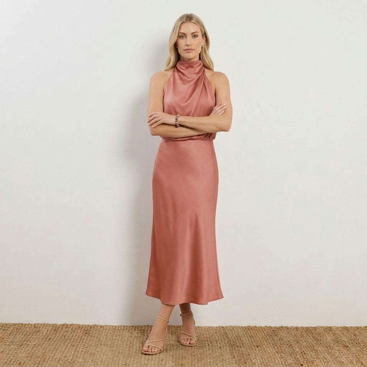 Radiant Draped Midi Dress | Elegant Halter Neck Gown Dusty Rose