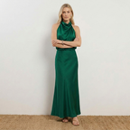 Radiant Draped Midi Dress | Elegant Halter Neck Gown Emerald Green