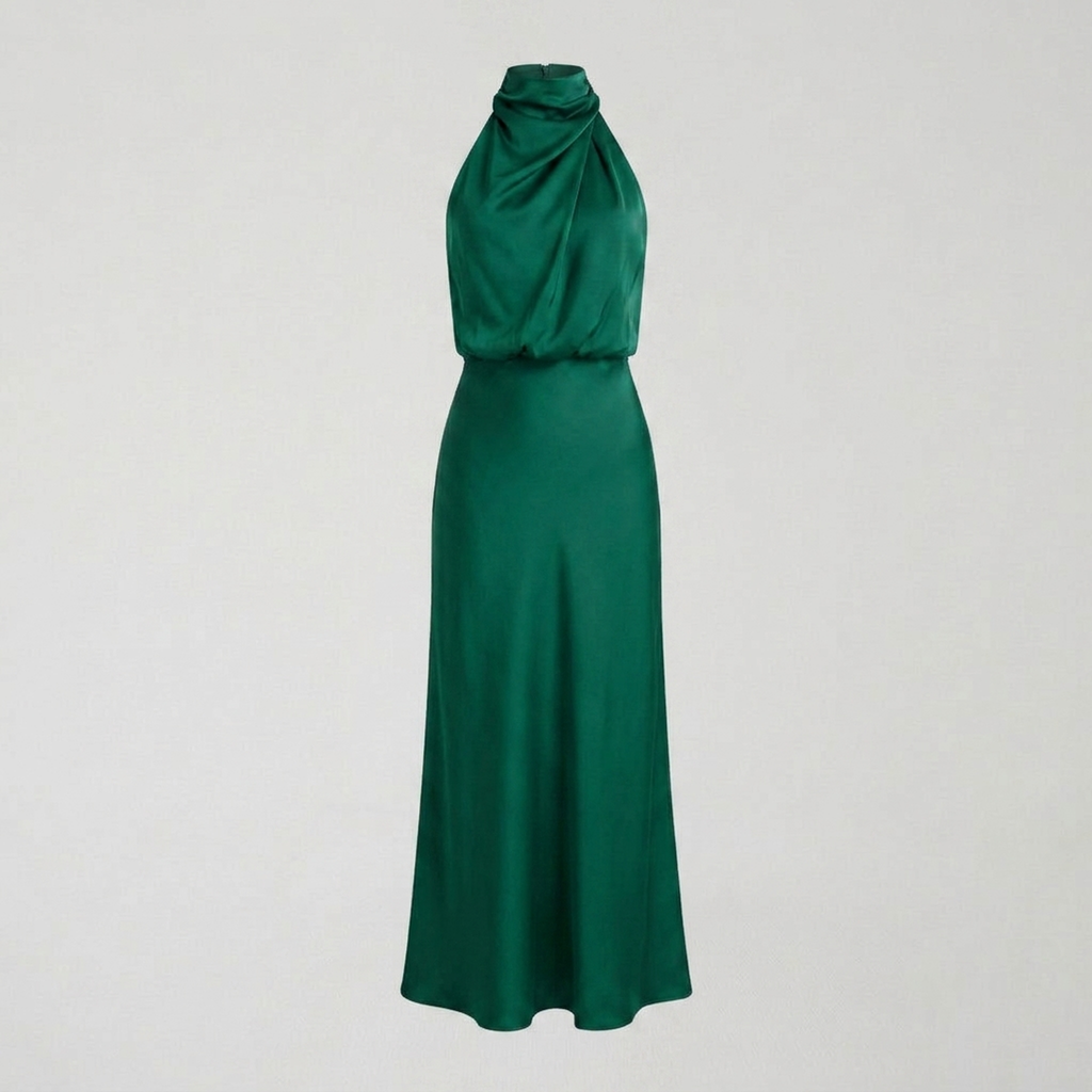 Radiant Draped Midi Dress | Elegant Halter Neck Gown Emerald Green
