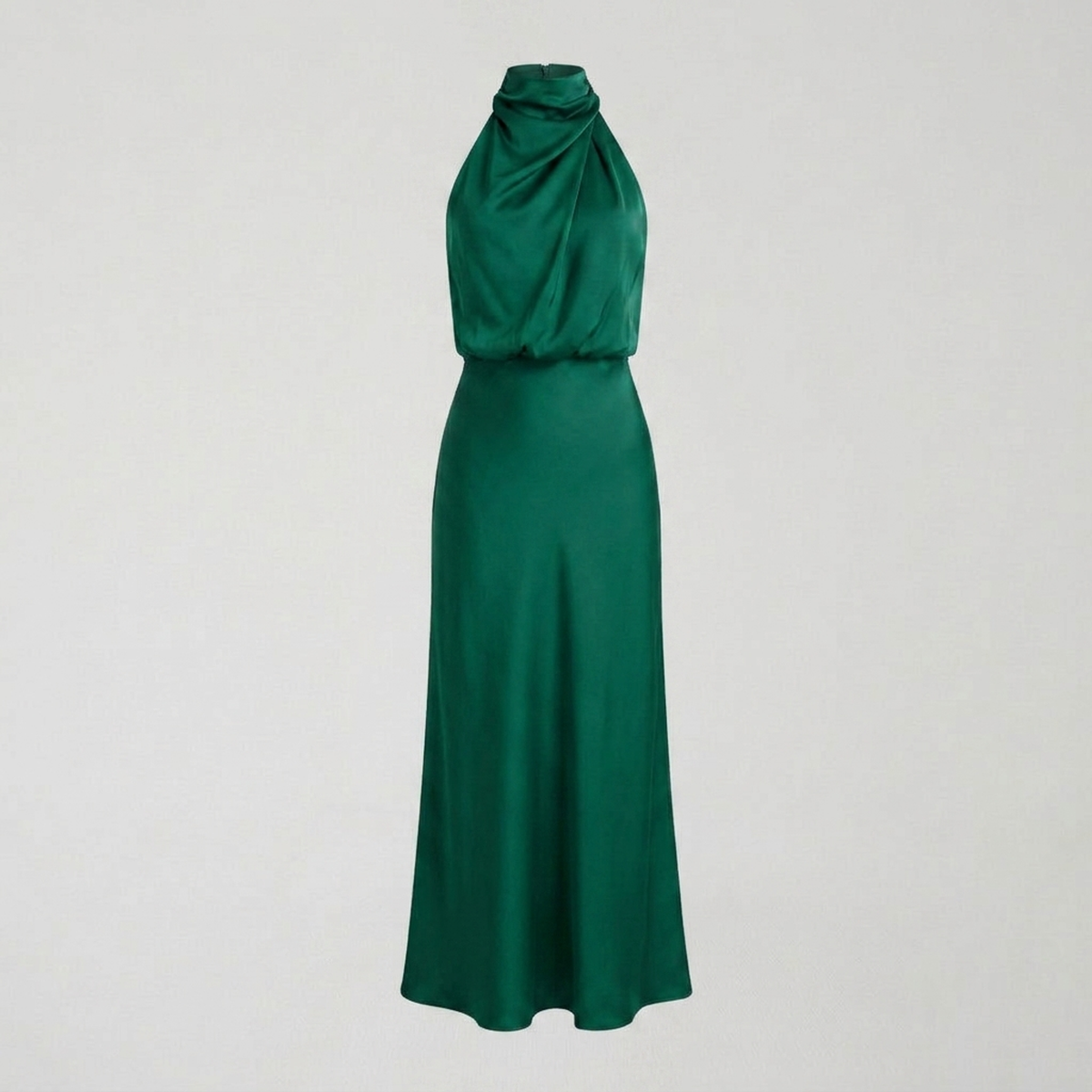 Radiant Draped Midi Dress | Elegant Halter Neck Gown Emerald Green