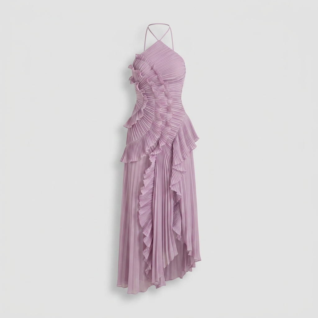 Plissiertes Maxikleid mit Rüschen Flieder