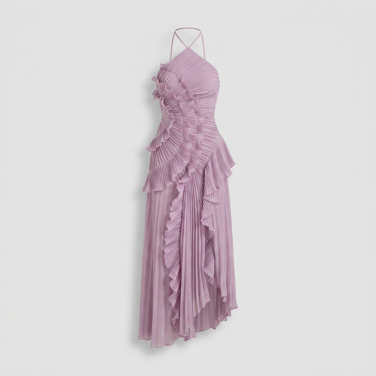 Plissiertes Maxikleid mit Rüschen Flieder