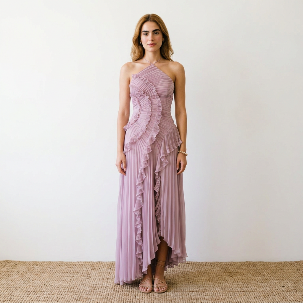 Plissiertes Maxikleid mit Rüschen Flieder