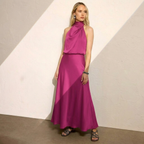 Radiant Draped Midi Dress | Elegant Halter Neck Gown Fuchsia