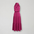 Radiant Draped Midi Dress | Elegant Halter Neck Gown Fuchsia