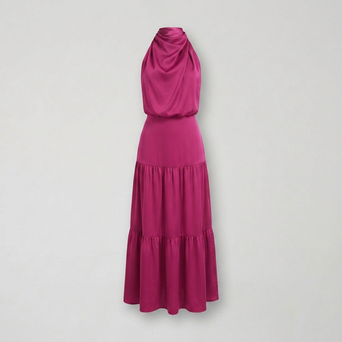 Radiant Draped Midi Dress | Elegant Halter Neck Gown Fuchsia
