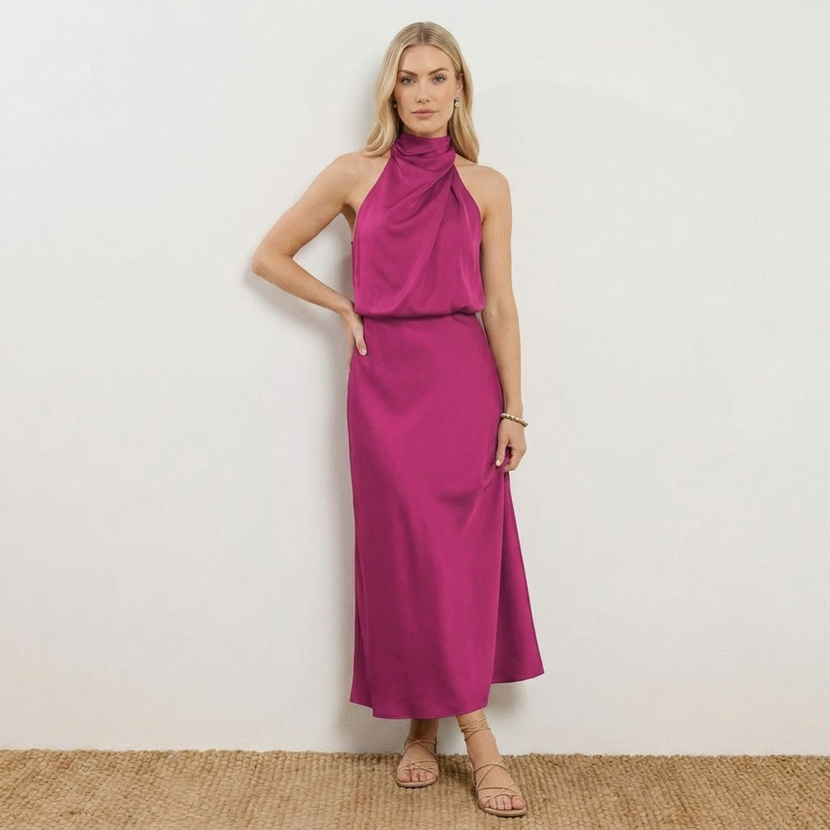 Radiant Draped Midi Dress | Elegant Halter Neck Gown Fuchsia