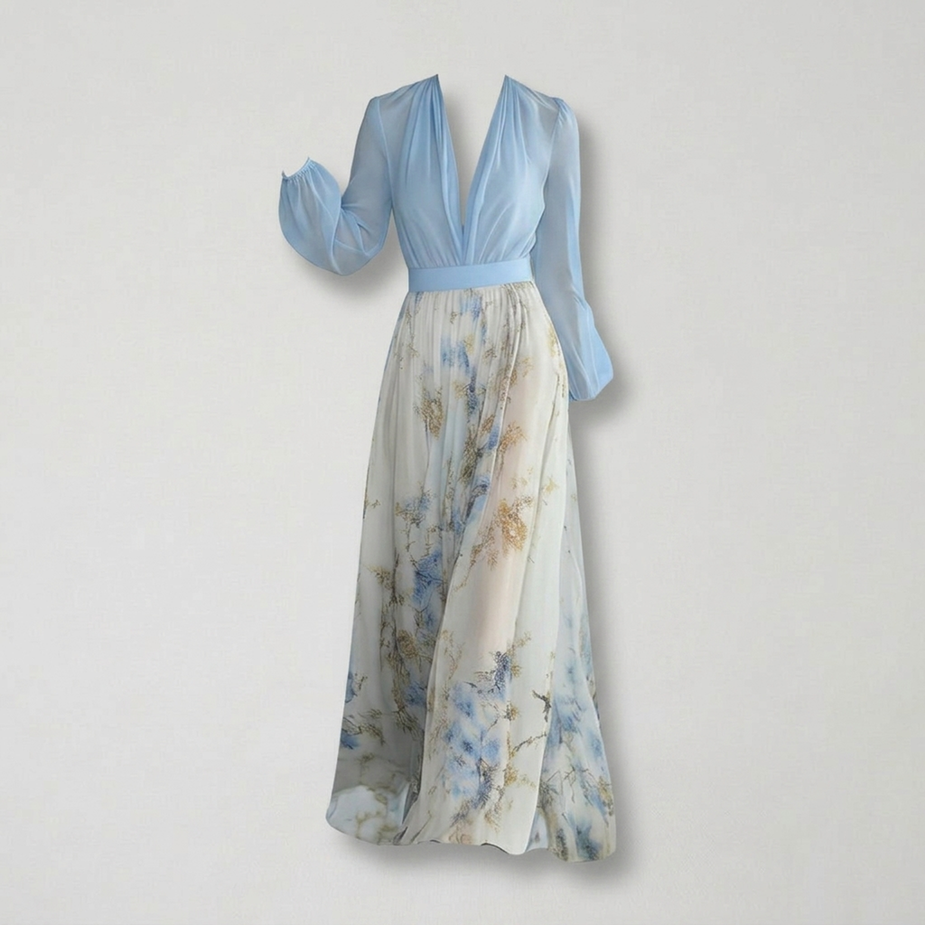 Azure Bloom Floral Maxi Dress - Elegant Comfort Hellblau/Weiß/Blau/Gold