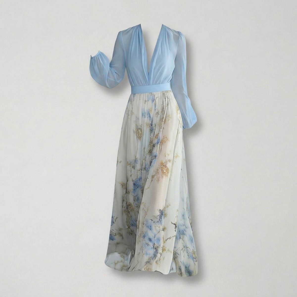 Azure Bloom Floral Maxi Dress - Elegant Comfort Hellblau/Weiß/Blau/Gold
