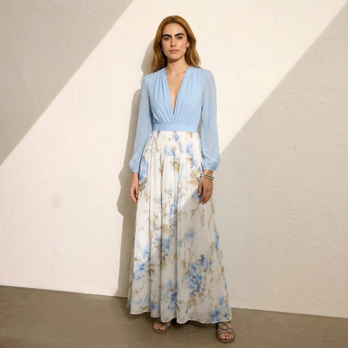 Azure Bloom Floral Maxi Dress - Elegant Comfort Hellblau/Weiß/Blau/Gold