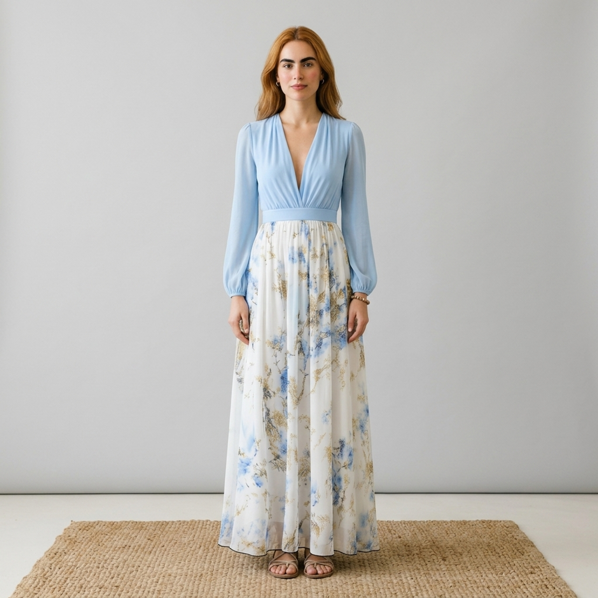 Azure Bloom Floral Maxi Dress - Elegant Comfort Hellblau/Weiß/Blau/Gold