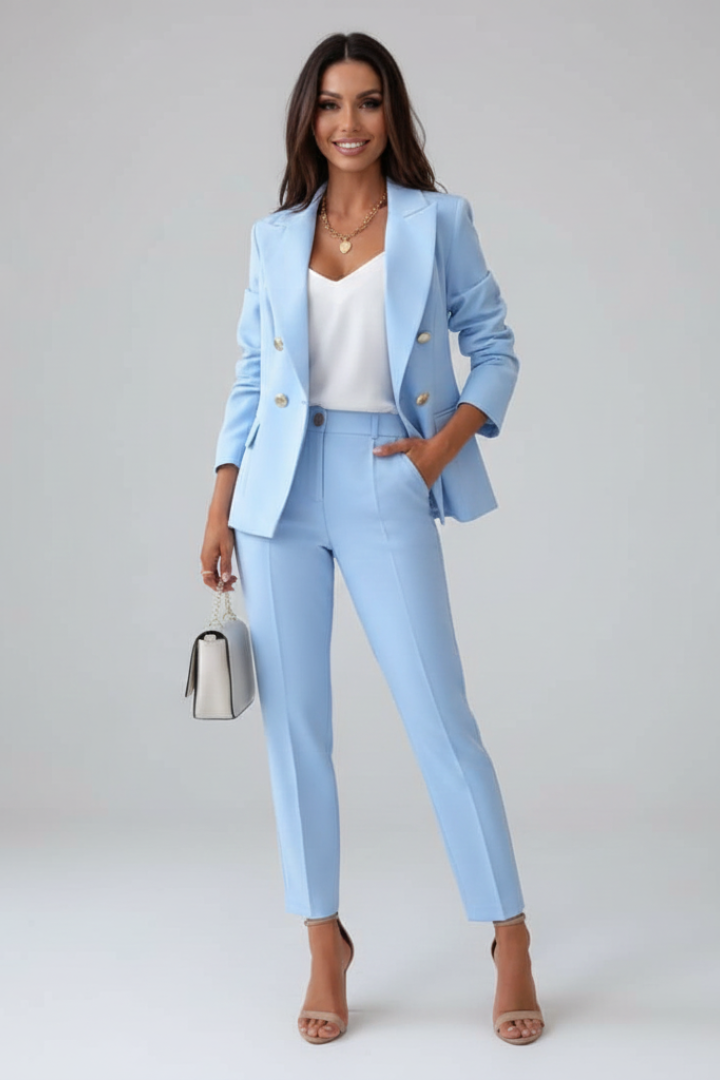 Refined Double-Breasted Tailored Suit Set Light blue