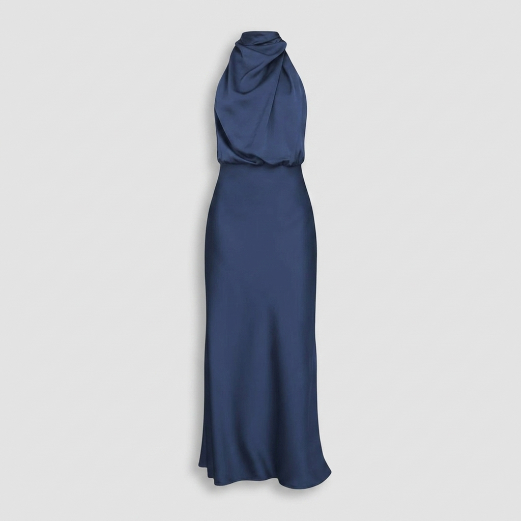 Radiant Draped Midi Dress | Elegant Halter Neck Gown Navy Blue