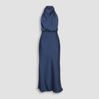 Radiant Draped Midi Dress | Elegant Halter Neck Gown Navy Blue
