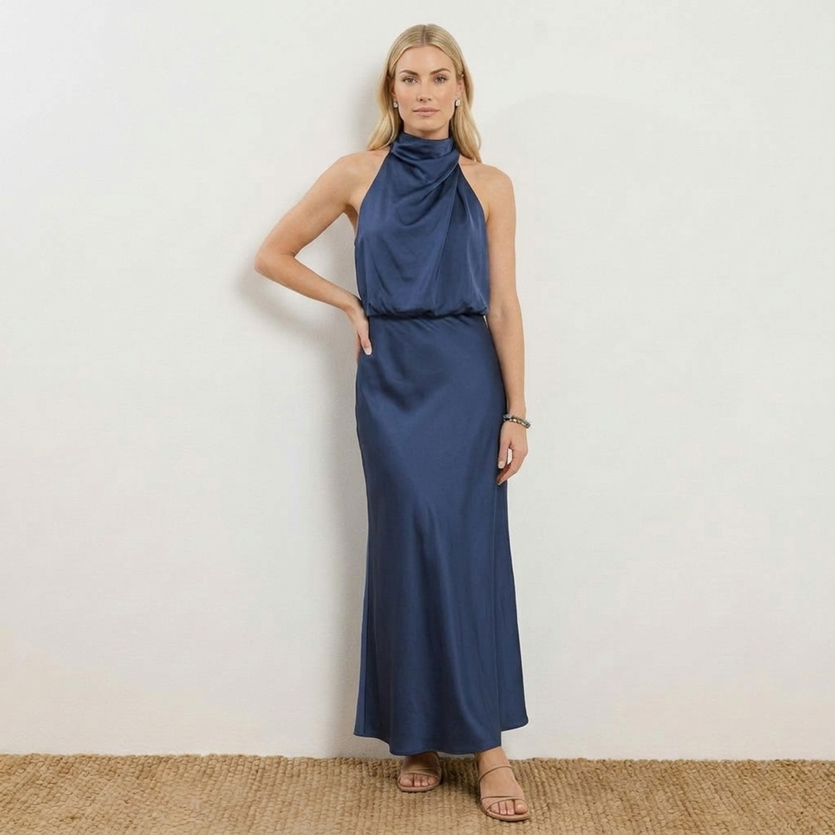 Radiant Draped Midi Dress | Elegant Halter Neck Gown Navy Blue