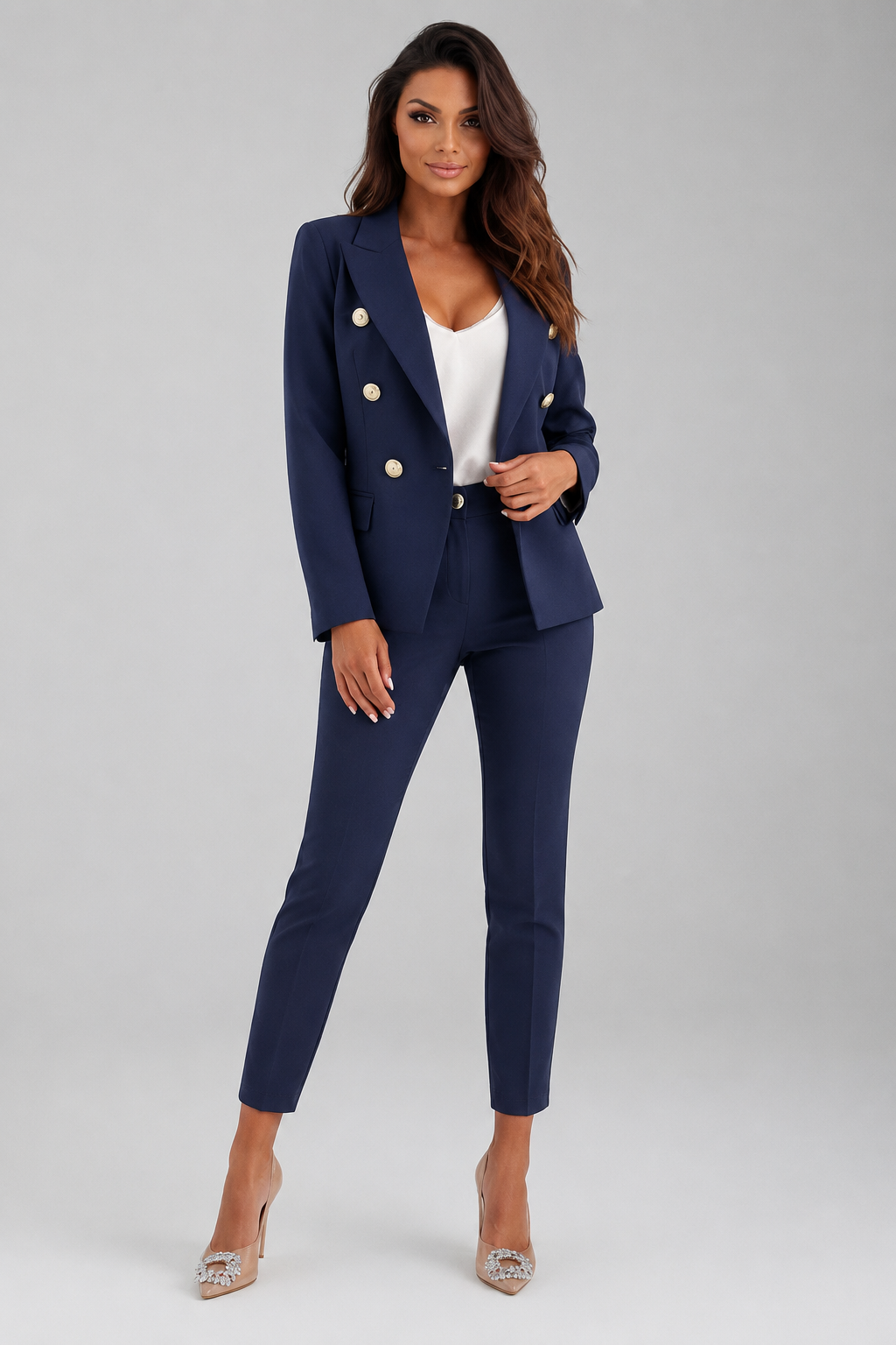 Refined Double-Breasted Tailored Suit Set Navy blue