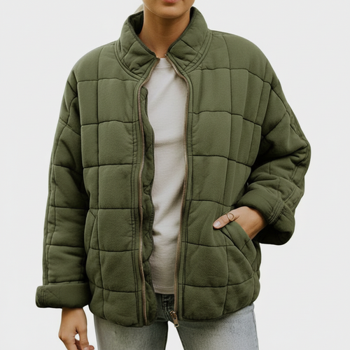 Chic Oversized Quilted Bomber Jacket Olive Green