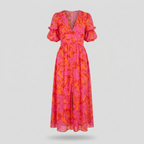 Geblümtes Maxikleid mit Puffärmeln Pink/Orange