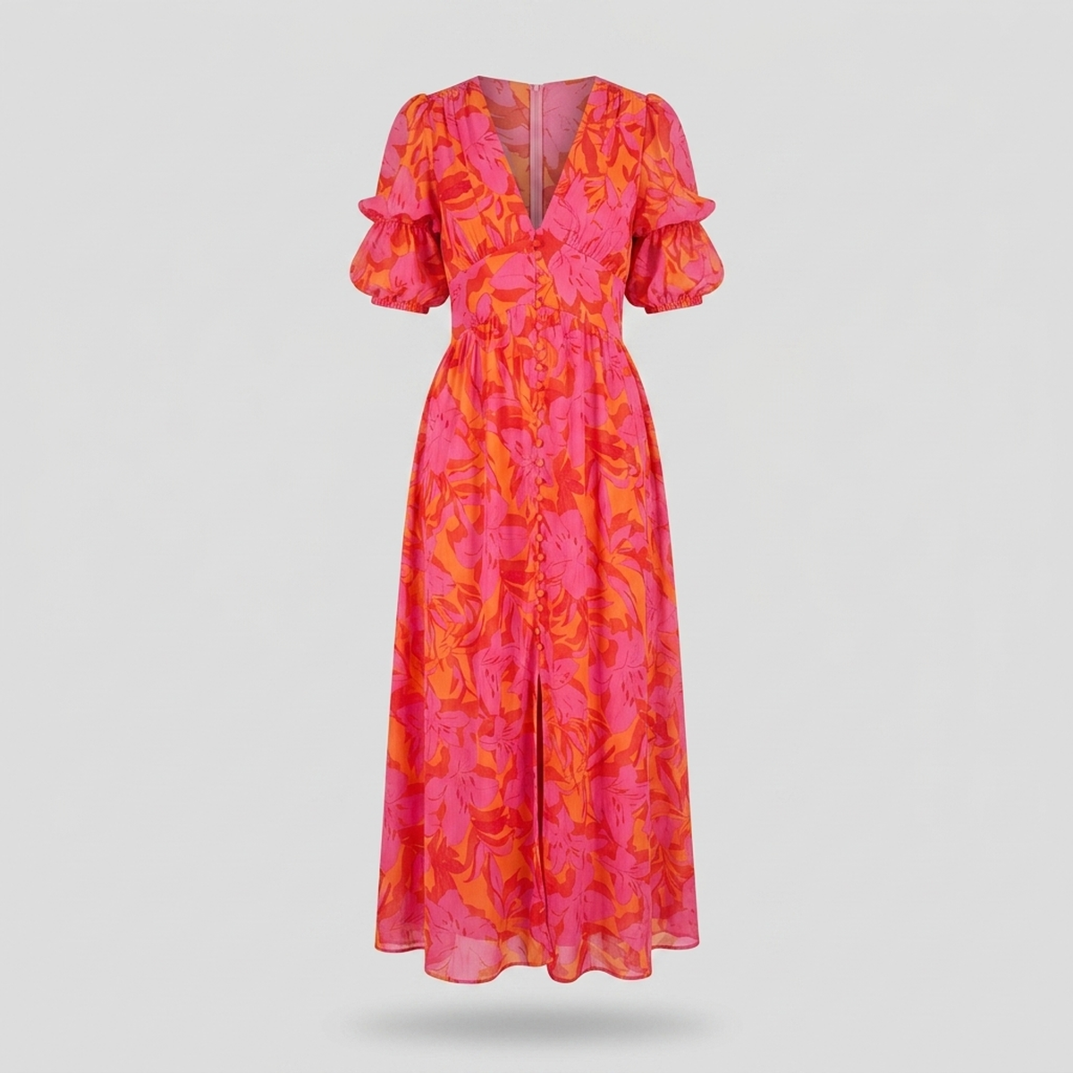 Geblümtes Maxikleid mit Puffärmeln Pink/Orange