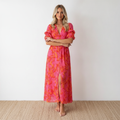 Geblümtes Maxikleid mit Puffärmeln Pink/Orange