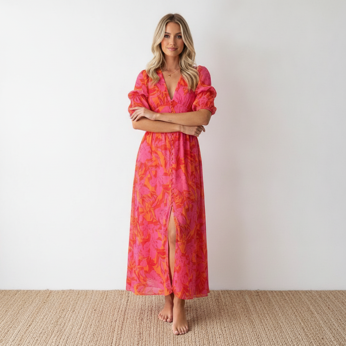 Geblümtes Maxikleid mit Puffärmeln Pink/Orange