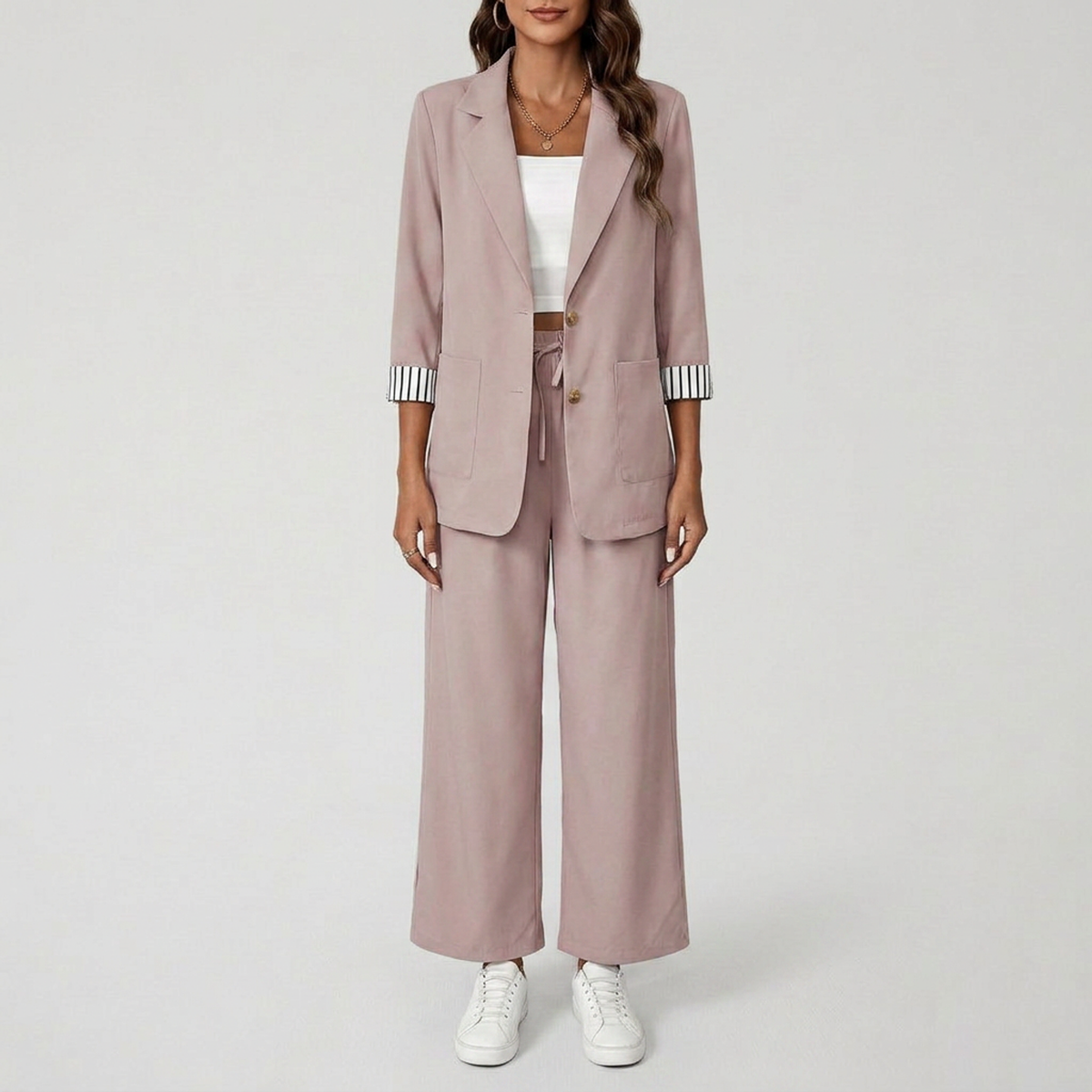 Chic Wide-Leg Blazer & Pant Set | Modern Office Attire Pink