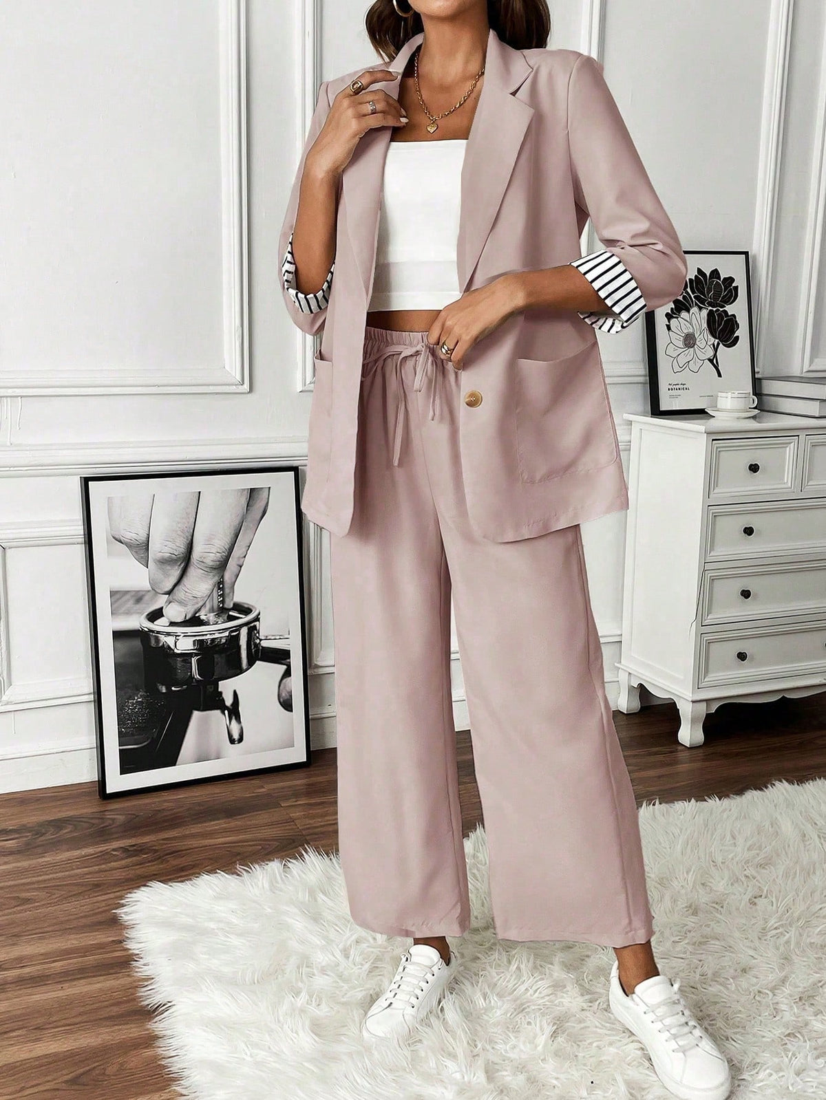 Chic Wide-Leg Blazer & Pant Set | Modern Office Attire Pink