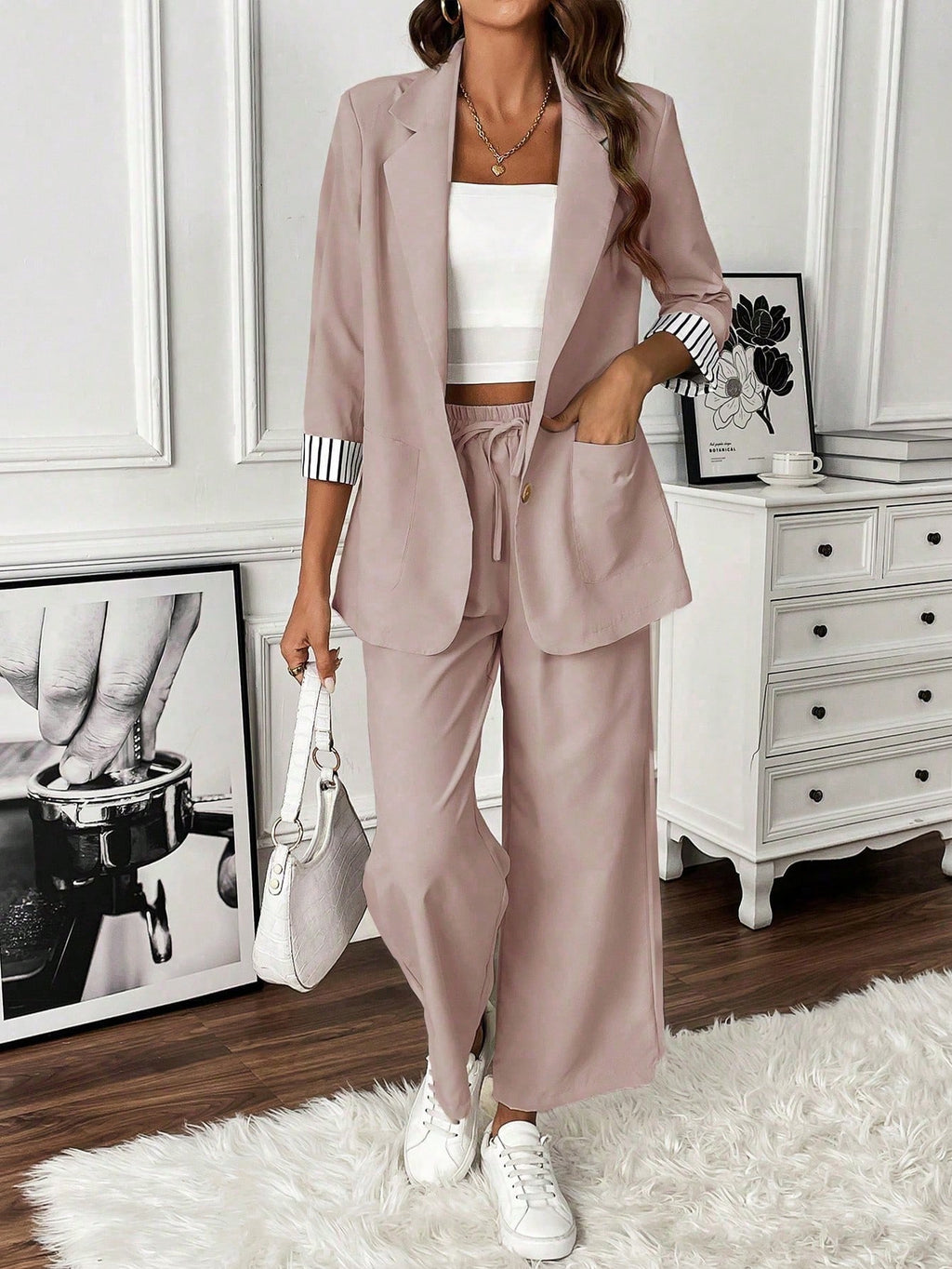 Chic Wide-Leg Blazer & Pant Set | Modern Office Attire Pink