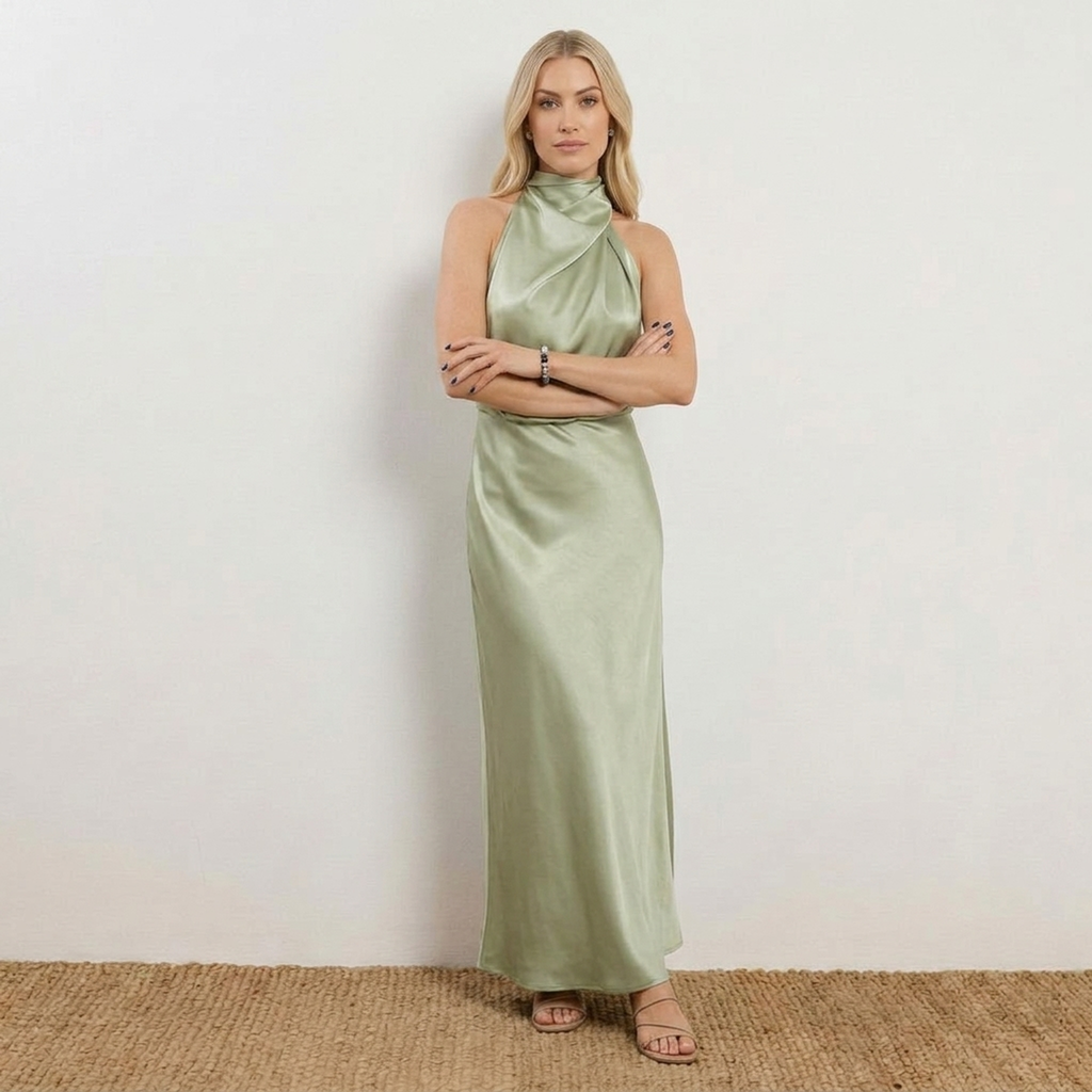 Radiant Draped Midi Dress | Elegant Halter Neck Gown Sage Green