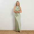 Radiant Draped Midi Dress | Elegant Halter Neck Gown Sage Green