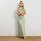 Radiant Draped Midi Dress | Elegant Halter Neck Gown Sage Green