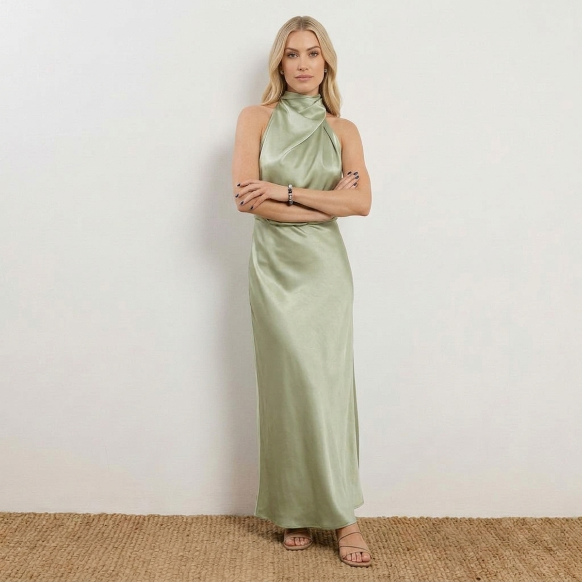 Radiant Draped Midi Dress | Elegant Halter Neck Gown Sage Green
