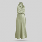 Radiant Draped Midi Dress | Elegant Halter Neck Gown Sage Green
