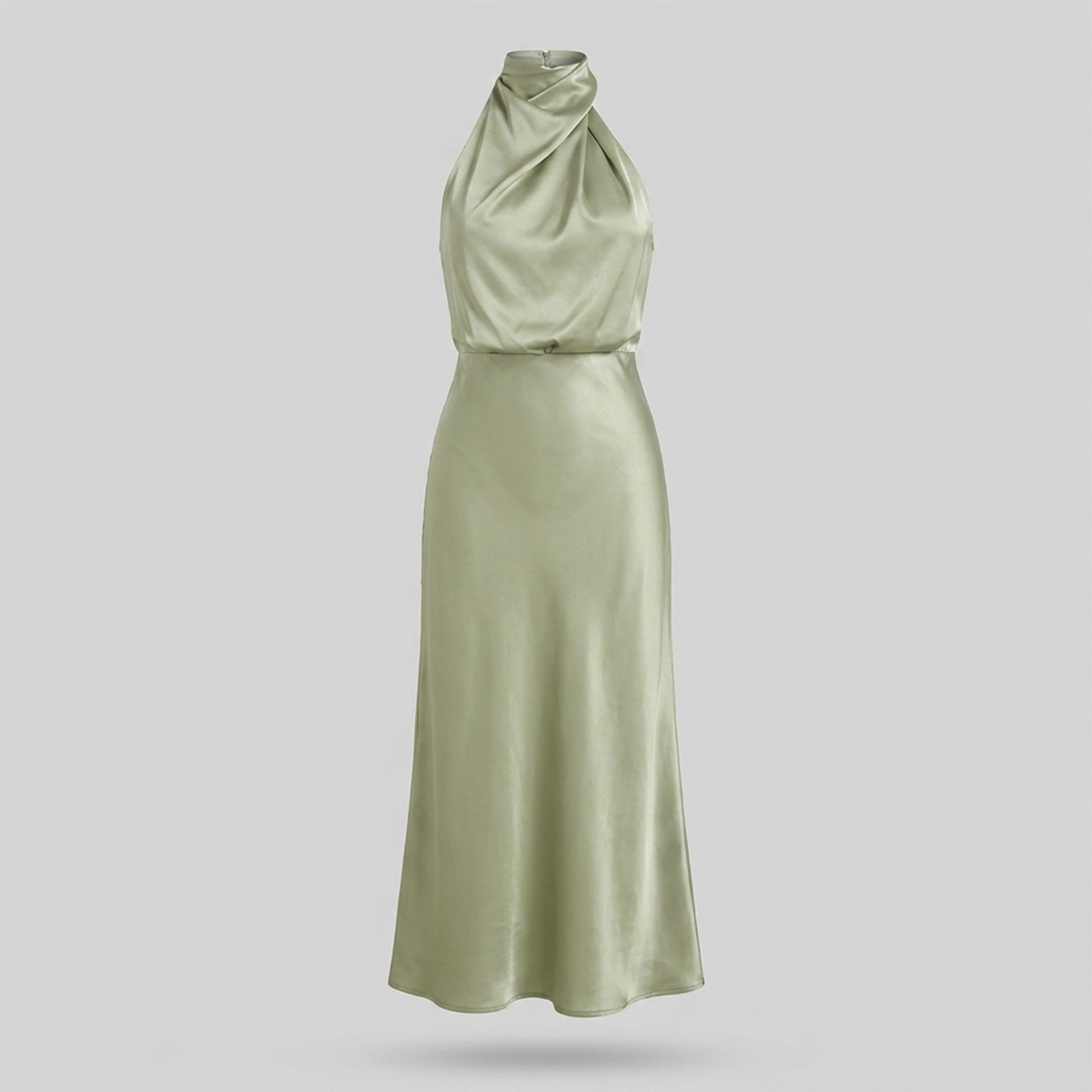Radiant Draped Midi Dress | Elegant Halter Neck Gown Sage Green